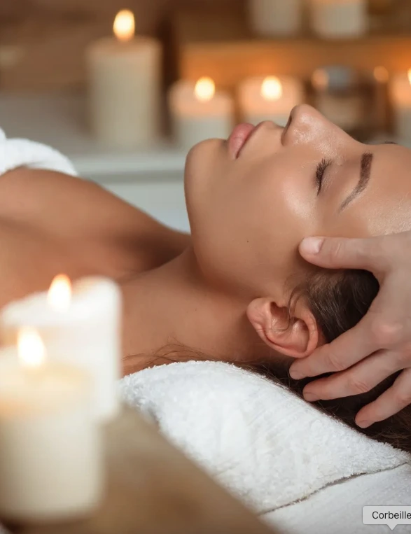 Femme détendue recevant un massage du visage dans une ambiance chaleureuse au Mans